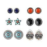 Vintage Ethnic 6 pairs/set Blue Crystal Red Flower Resin Round Hollow Enamel Stud Earirngs