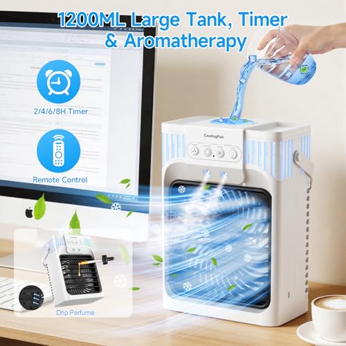 Portable Air Conditioners with Remote for Bedroom, 4-IN-1 Personal Evaporative Air Cooler with 3 Speeds & 3 Mist, 7-Color Night Light, 2-8H Timer, 1200ML Mini Air Conditioner Cooling Fan for Office