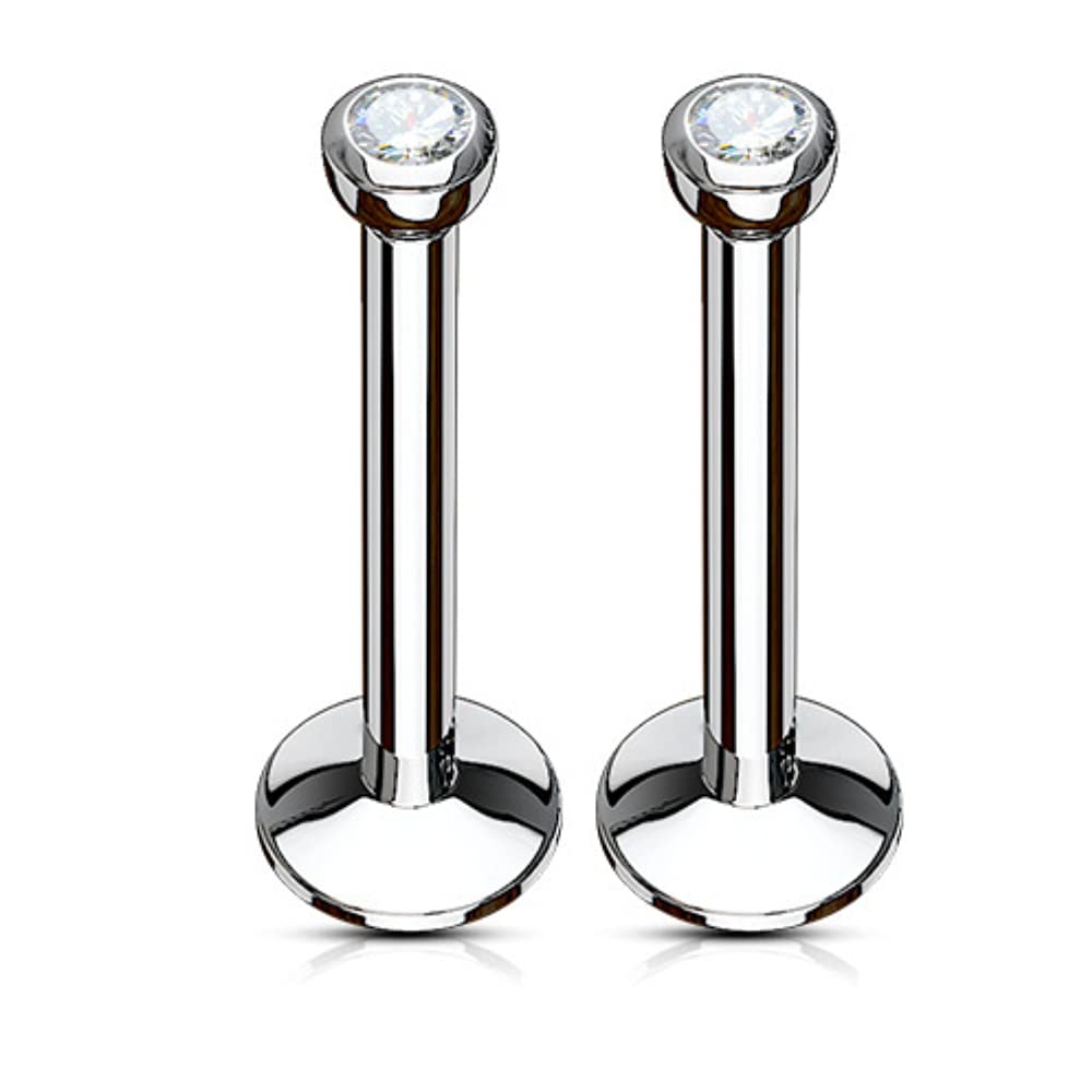 PiercedOff 316L Surgical Steel 1mm Labret with 2mm Clear CZ Gem Ball - Bar Length 8mm - Sold as a Pack of 2 Labrets