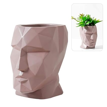 Volwco Resin Ceramic Head Plant Flower Pot Indoor Outdoor Geometric Lines Face Plant Vase Succulent Planter Bonsai Pots Flower Decoration