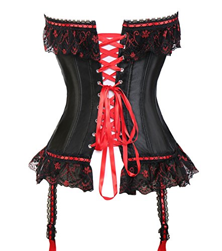 MISS MOLY Damen Vintage Vollbrust Corsage Top Schwarz Bustier Mieder Korsett mit Brokat mit Strapsen – Bild 4
