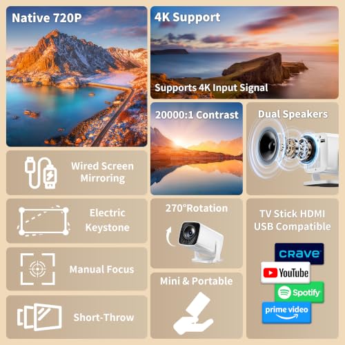 Sainyer Mini Projector, 4K Supported Full HD 1080P Portable Projector, 270° Rotation Outdoor Movie Projector with Electric Keystone, ≤25dB Low Noise, Dual HiFi Speakers, HDMI/USB, Projecteur 4K