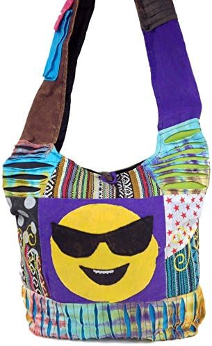 Kissed Karma Hippie Cotton Shoulder Bag. Smiley Patchwork Sling. Cross Body Women Razor Cut bag.