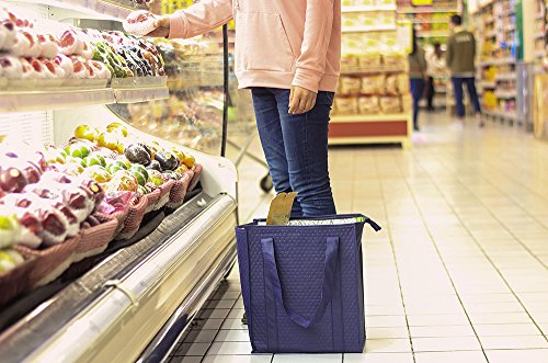 ATBAY Insulated Grocery Tote Bag Large Reusable Shopping Bags with Zippered Top and Outside Pocket,Navy blue (2 Pack)