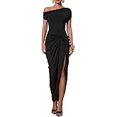 Floerns Women's Elegant Long Dress Asymmetrical Off Shoulder Ruched Slit Bodycon Cocktail Dresses