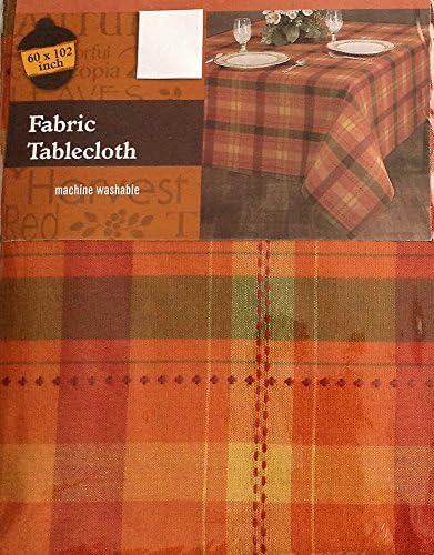 Fall Plaid Fabric Tablecloth 100% Cotton 60" x 102" Fall Earthy Colors Oranges, Harvest Red, Yellow, and Green