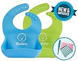 Waterproof Silicone Bibs – New Reinforced Buttonholes Keep Bib on Toddler – Stay Open Food Pocket Catches All Spills – Reduce Cleaning and Laundry – Bonus Spoon or Bandana – Set of 2 (Blue & Green)