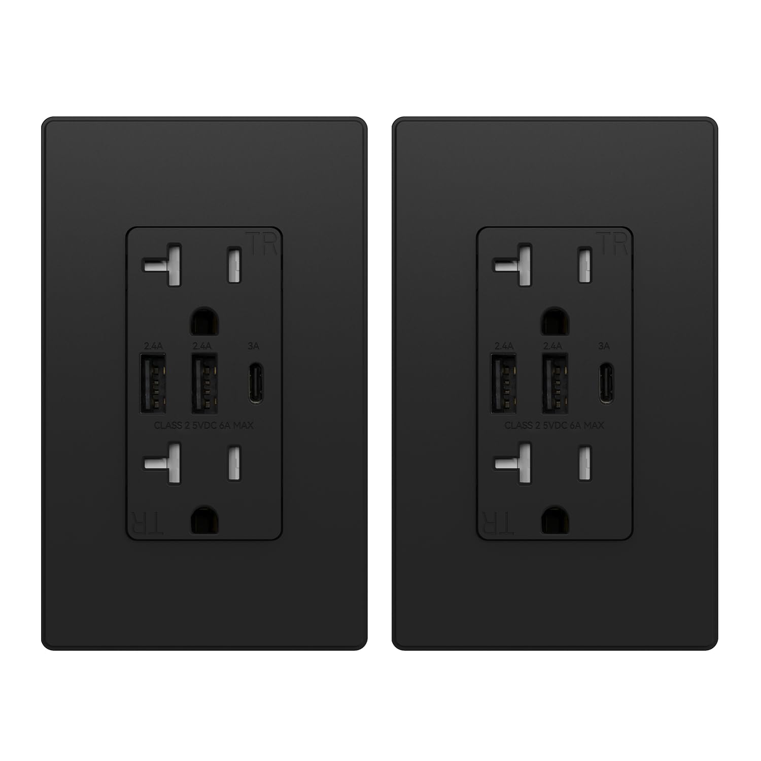 ELEGRP USB Outlets Receptacles, 3-Port Wall Outlet, 30W 6.0A Electrical Outlet, 15 Amp Tamper-Resistant Outlet with Type C Ports, UL Listed, Wall Plate Included, 2 Pack, Matte Black Image