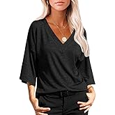 Grlasen Women's 3/4 Sleeve T-Shirt Summer V-Neck top Vintage Cotton Basic T-Shirt