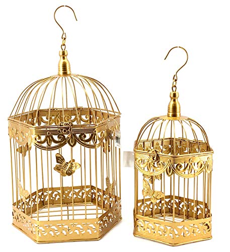 Bellaa 23592 Antique Vintage Bird Cages Metal 2Pcs 20 inch 16 inch Golden (Gold 23592, Large)