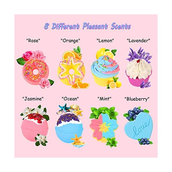 Bath-BombsAinoke-8pack-Large-Bath-Bombs-Gift-SetOrganic-Natural-Handmade-Aroma-Pure-Essential-Oi-Bubble-Bath-BallsFragrant-Spa-to-Moisturize-Dry-SkinGift-Idea-for-Girls-Women-Kids-on-Birthday Bath Bombs,Lanwexy 8 Large Bath Bombs Gift Set for Women.Organic Natural Handmade Aroma Pure Essential Oil Bubble Bath…