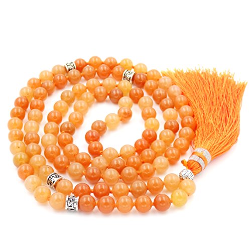 Mala Beads Necklace, Gemstone Mala Bracelet, Buddhist Prayer Beads Necklace, Tassel Necklace, Knotted Necklace (Orange Aventurine) - Thumbnail 5