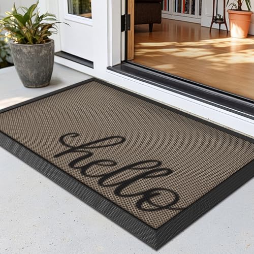 LUMI Tapete de Puerta de Bienvenida Exterior de 43 x 76 cm, Antideslizante, Duradero, de Goma, de Perfil bajo, fácil de Limpiar para Puerta Delantera, Trasera, Entrada, Porche, cochera, Hello