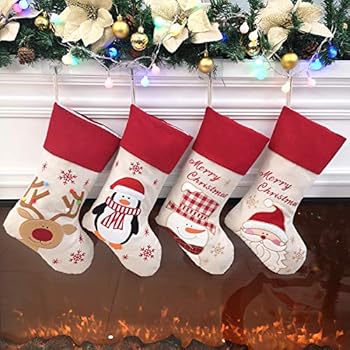 Bstaofy Traditional Christmas Stockings Set of 4 Santa Reindeer Snowman Penguin with 3D Tech, 18''(Style 2)