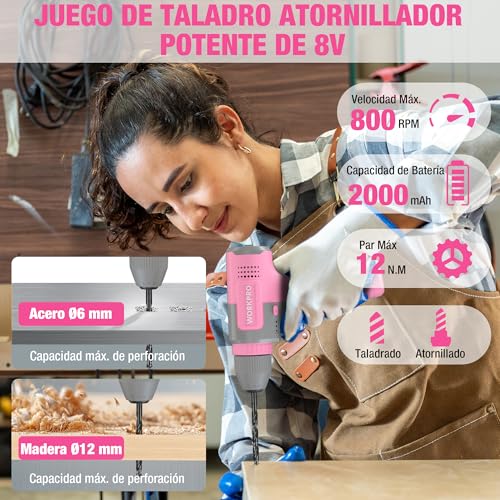 WORKPRO 8V Cordless Drill, Electric Drill with 3/8'' Drill Chuck, Electric Screwdriver, Variable Speed Driver, Type C Rechargeable Screwdriver, with 15pcs Accessories, Pink
