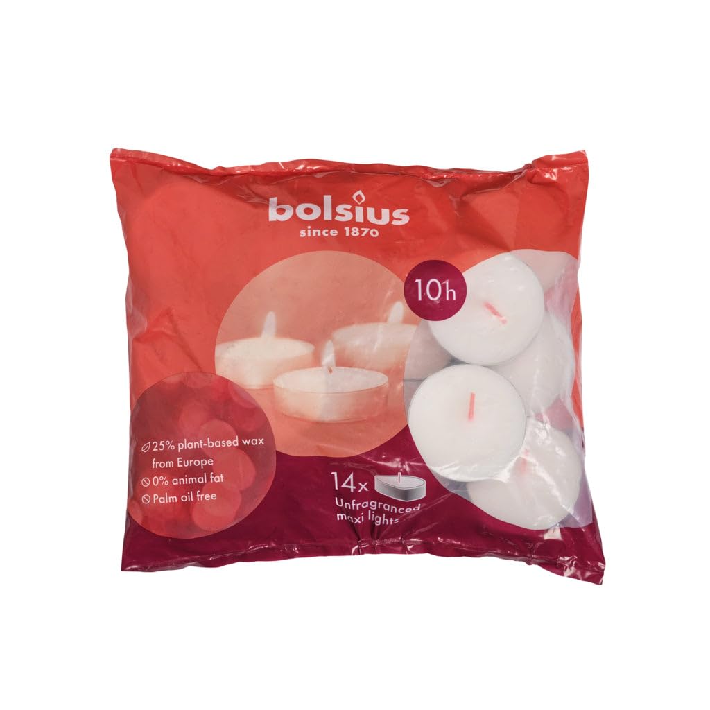 Bolsius Maxi Tea Light Candles - White - Pack of 14 - Long Burning Time of 10 Hours - Interior Decoration - Unscented - Smokeless - Includes Natural Vegan Wax - No Palm Oil - XXL Tealights