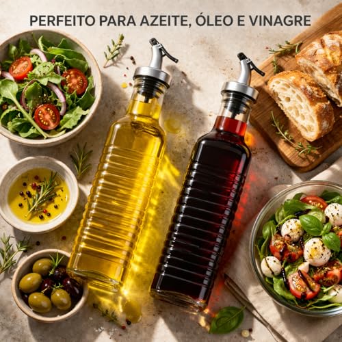 Galheteiro de Vidro 2 Peças 500ml com Bico Dosador e Tampa Inox – Ideal para Azeite, Óleo e Vinagre | Kit Elegante e Funcional para Cozinha