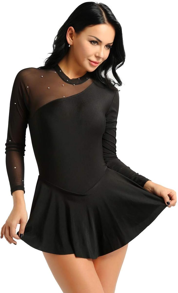 MSemis Women Adult Long Sleeve Mesh Figure Ice Skating Dress Ballet Leotard Dress Lyrical Dance Costume: Clothing