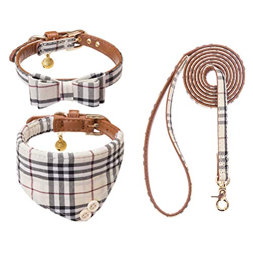 EXPAWLORER Bow Tie Dog Collar and Leash Set Classic Plaid Adjustable Dogs Bandana and Collars with Bell for Puppy Cats 3 PCS Beige