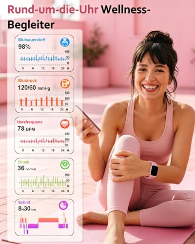 Popglory Smartwatch Herren Damen mit Blutdruckmessung, Bluetooth-Telefonie, AI Fitnessuhr Herzfrequenz, SpO2, Stress, Schlaf, 100+ Sportmodi Fitness Tracker, Schrittzähler, Geschenk für iPhone Android