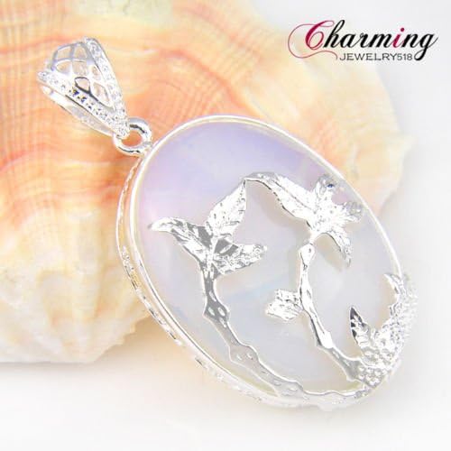 Unique Charm Huge Oval Glowing Rainbow Moonstone Gems Silver Necklace Pendant