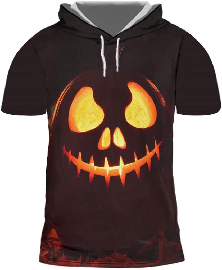 HensGalis Men's 3D Printed Pumpkin Pattern Hooded Leisure Horrible Halloween T-Shirt