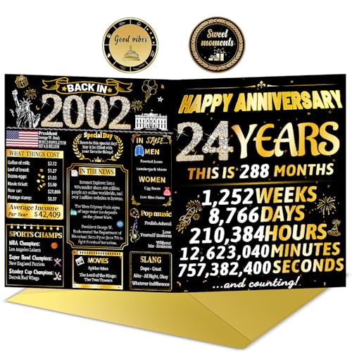 VivaGem 24th Anniversary Card for Him Her Sweet Anniversary Decorations for Wife Husband Couple, 24 Year old Wedding Gift for Mom Dad Parents,Funny Gifts for Women Men, Back in 2002 at Amazon