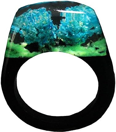 CUZIR Resin Wood Ring, Blue Real Flowers Statement Rings Glow Green in Dark Landscape Magic Ring as Gifts for Birthday, Christmas, Anniversary, Mother's Day, Valentine' Day US Size 8