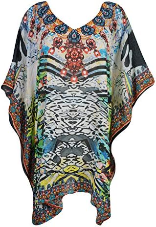 Mogul Womens Caftan Dress Lost In Dreams Jewel Print V-Neck Short Kaftan Cover Up