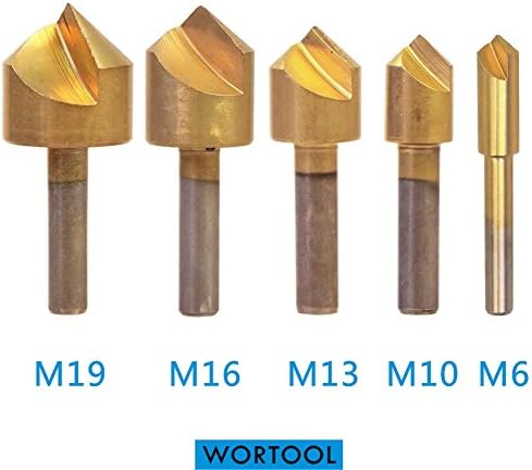 WORTOOL - 5 Flute Titanium Chamfering Countersink Drill Bit Set - 90 Degree For Wood Quick Change Bit.
