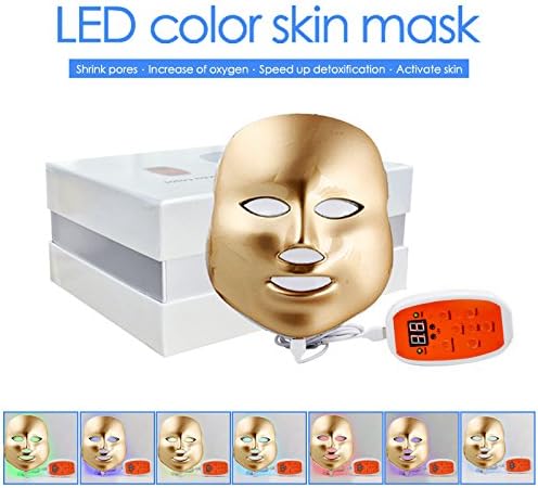 3D Phototherapy Color LED Mask Instrument Cold Light LED electronic Mask Instrument Professional Beauty Rejuvenation Instrument Therapy Facial Skin Care Mask Device (7 color, Golden)