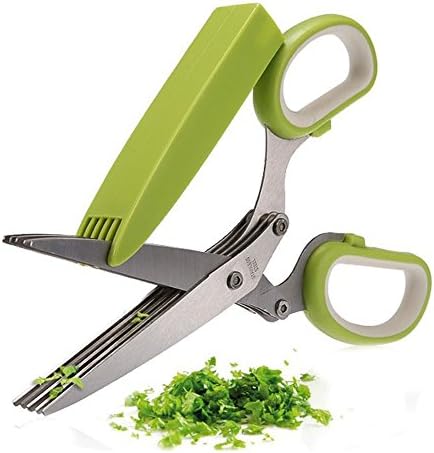 iLoveBBQ® Multi-functional Stainless Steel Herb Scissors with 5 Blades and Cover Two-color Handle Practical Multi-layer Kitchen Cutter Shears (Green)