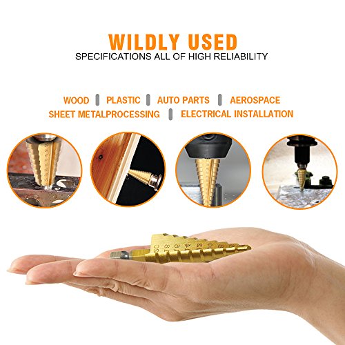 Xilko 3Pcs High-Speed Steel Step Drill Bit Set Power Tools Cone Titanium Coated Metal Hole Cutter 1/4" Hex Shank Drive Quick Change 4-12mm/4-20mm/4-32mm - Thumbnail 3