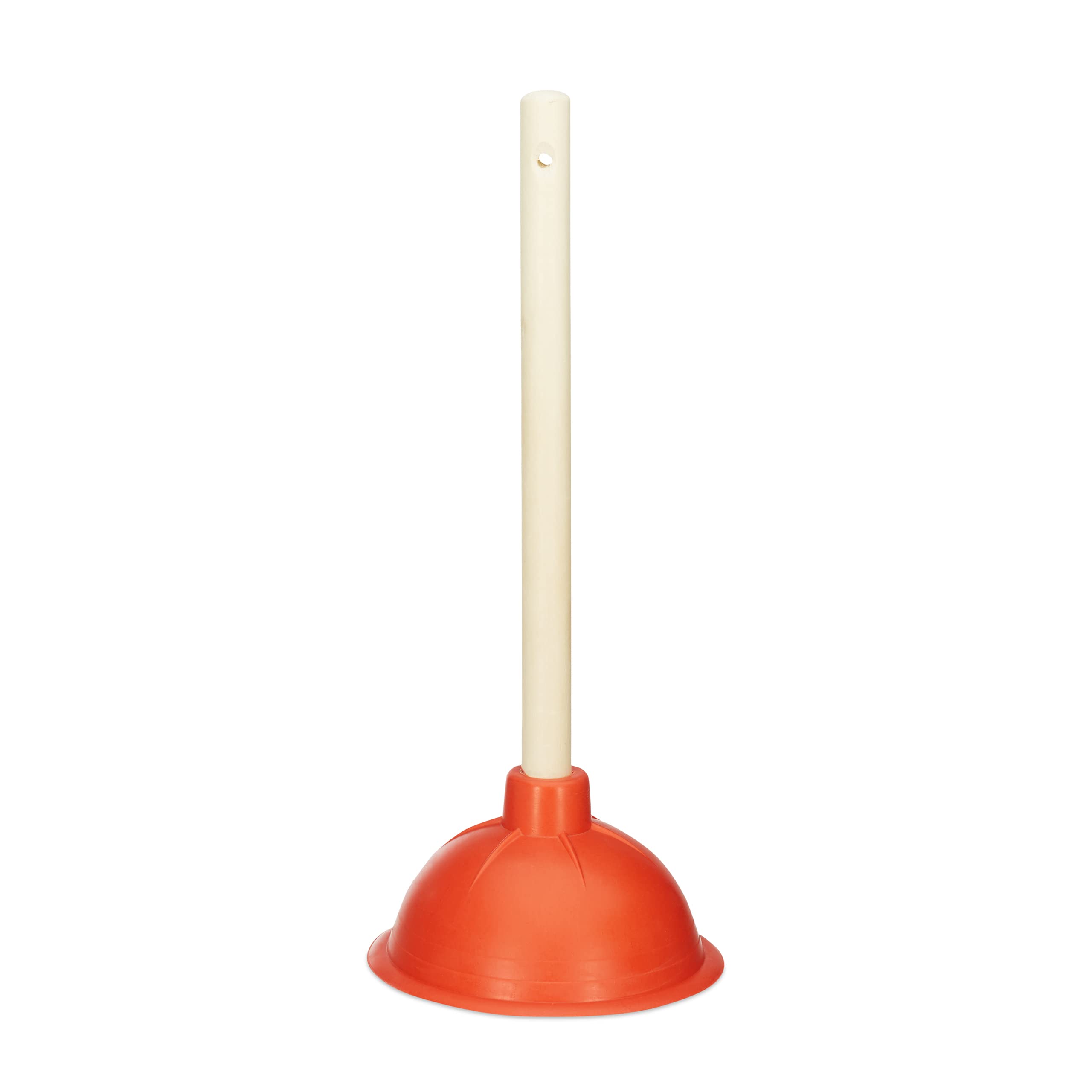 Relaxdays Toilet Plunger Drain Cleaner, Rubber Suction Cup, Detachable Wooden Handle with Eyelet, Bath and Shower, 30 cm, Red/Natural