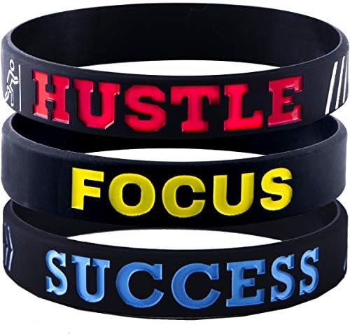 | Inspirational Rubber Bracelets for Men Women Teens | Silicone Motivational Wristbands Quotes for Hustle Focus Success | Motivating Sports Force (6/12/24 Pack)