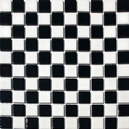 Square Checkered Tile Black White Porcelain Mosaic Shiny Look 1