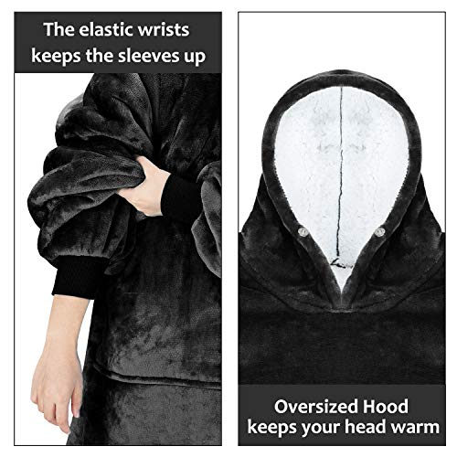Oversized Blanket Sweatshirt, Super Soft Warm Cozy Wearable Sherpa Hoodie or Adults & Children, Reversible, Hood & Large Pocket, One Size, Black