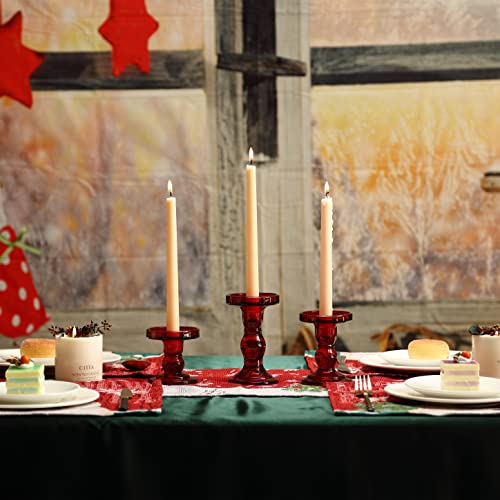 GMWD 3 Pcs Red Glass Candle Holder Set Clear, Christmas Candlesticks Holders Pillar Taper Candles Tealight Stand for Wedding Centerpieces Home Decorations Dining Table