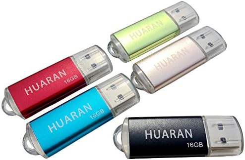 HUARAN 5 Pack 16GB USB 2.0 Flash Drive Memory Stick Thumb Drives (5 Mixed Colors: Black Blue Green Red Gold)