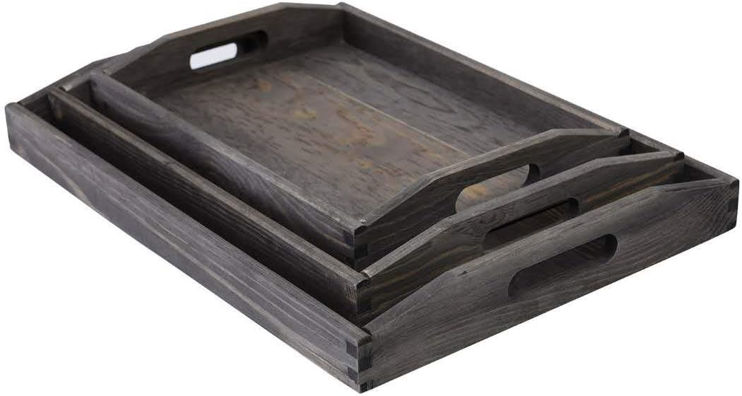 VERGOODR Country Rustic Torched Wood Nesting Breakfast Serving Trays with Handles, Set of 3 (gray)