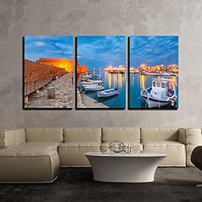 3 Piece Canvas Wall Art - Old Harbour of Heraklion with Venetian Koules Fortress, Boats During Blue Hour - Modern Home Art Stretched and Framed Ready to Hang - 16"x24"x3 Panels