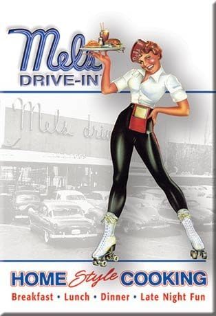 ART/ARTWORK FEATURED ON A MAGNET - Licensed Collectibles, Nostalgic, Vintage, Antique And Original Designs - GREAT HISTORIC DINER THEME [3542801676] - DINER "Mel's Drive In [waitress on skates] [vintage image]" [great image and stylish design] [TSFD]