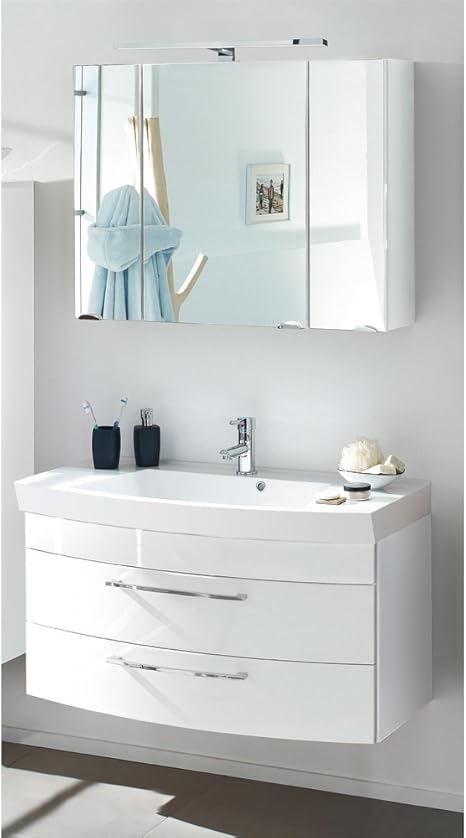 badmobel waschplatz set badezimmermobel hochglanz weiss 100cm waschtisch schubkasten mit softclose led spiegelschrank gaste bad wc b x h x t ca 100 x 200 x 57 cm amazon de kuche haushalt wohnen