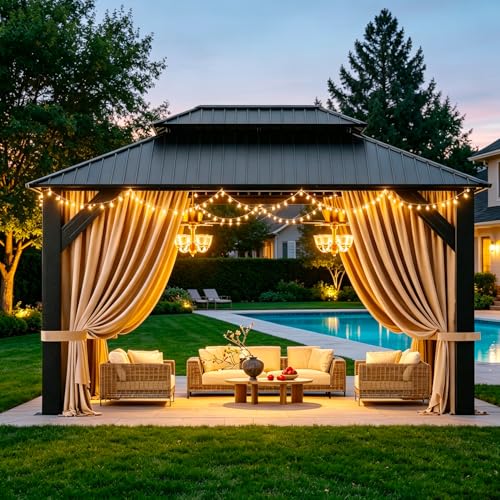 12x16 Hardtop Gazebo with Double Roof, Galvanized Steel Frame, Curtains & Mosquito Netting image 11
