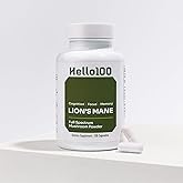 HELLO100 Lion’s Mane Mushroom Supplement 1000mg - Dual Extract for Focus Memory & Mental Clarity - High Potency Nootropic Brain Supplement with 20% Beta-Glucans - Fruiting Body & Mycelium - 60 Caps