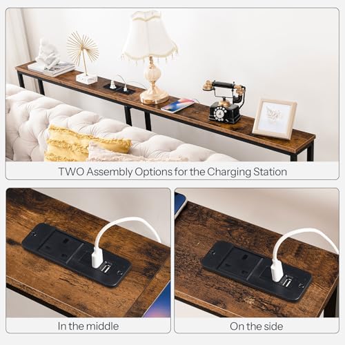 HOOBRO Extra Narrow Console Table with Power Outlets, Skinny Entryway Table for Living Room, 160 cm Slim Behind Couch Table, Thin Sofa Table for Hallway, Foyer, Rustic Brown and Black EBF165KXG01
