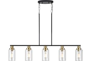 KPIOK Dining Room Light Fixture,5-Light Farmhouse Linear Chandeliers for Dining Room Over Table，Matte Black and Gold Finish Kitchen Island Pendant Lighting for Kitchen Island，Pool Table Light