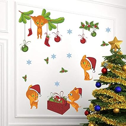 Chats Mignons Avec Stickers Muraux De Branche A Feuilles Persistantes Pour La Decoration De La Maternelle Decoration De Bricolage Festival De Noel Mur Art Pural Muraux Stickers Amazon Fr Bricolage