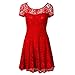 Amoluv Women Round Neck Short Sleeve Pleated Lace Slim Dress Red, Medium
