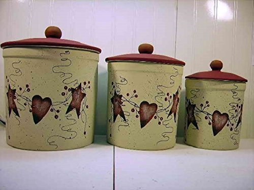 Primitive Country Rusty Tin Stars and Hearts Stoneware Canister Set